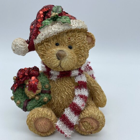 Christmas Figurine Christmas Teddy Bear Resin Figure Statue Holiday Decor Hat - Picture 6 of 9